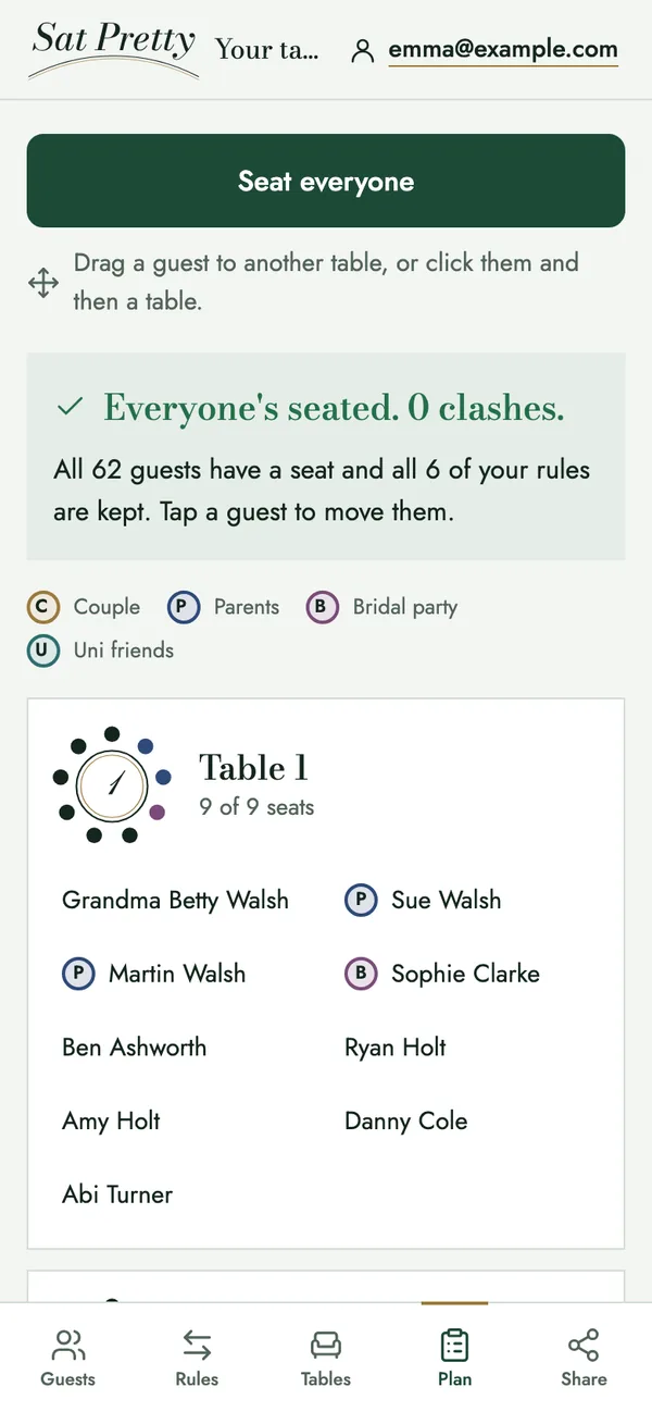 Sat Pretty on a phone. A sample wedding of 62 guests is seated with no clashes, and the bride's parents and the bridal party are tagged so they stand out.
