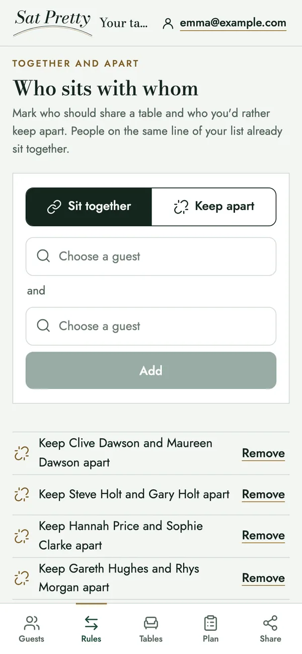 The Together and apart screen. Pick two guests to sit together or keep apart. Below, four rules keep pairs of guests apart, among them the groom's divorced parents.