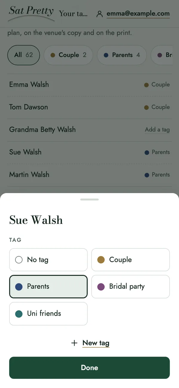 Tagging a guest. The tags Couple, Parents, Bridal party and a custom Uni friends tag each have their own colour.